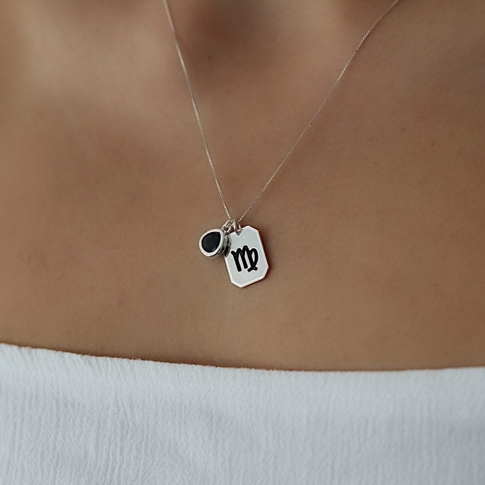 שרשרת כסף מזל בתולה עם אבן שחורה