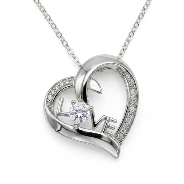 שרשרת כסף עם תליון לב והכיתוב love משובץ באבנים