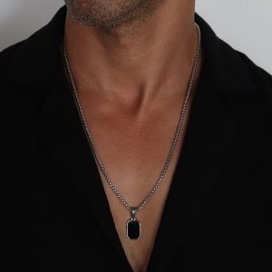 שרשרת כסף מלבן שחור לגבר
